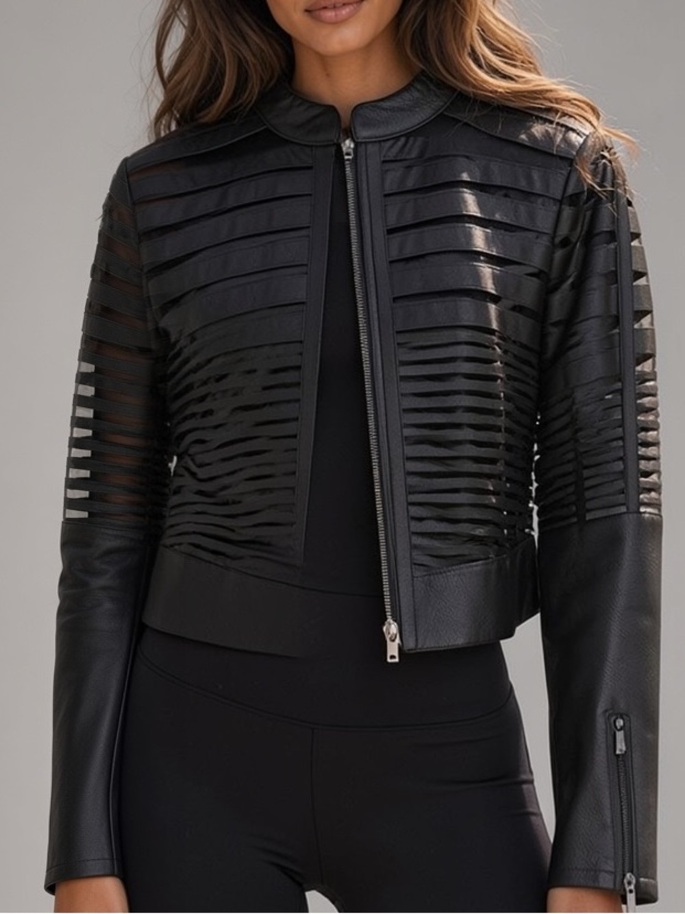 Yoki Black Sheer-Striped Cropped Faux Leather Jacket